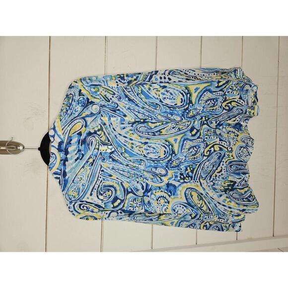 Chico's Size 2 Large Size 12 Blue white & yellow long sleeve button down blouse - Picture 2 of 5